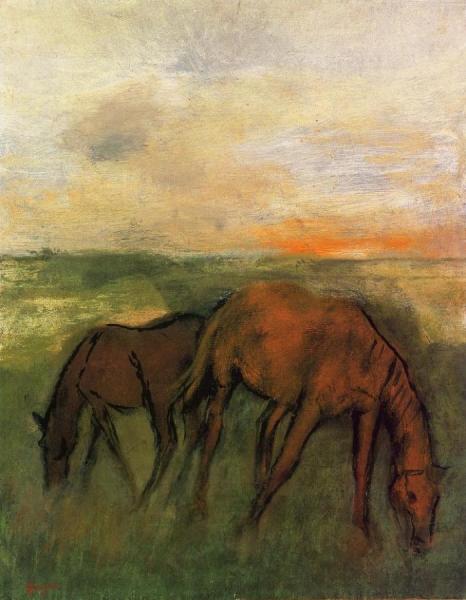 Two Horses In A Pasture by Edgar Degas Oil Painting Reproductions