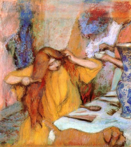 Woman In A Yellow Robe Combing Her Hair by Edgar Degas