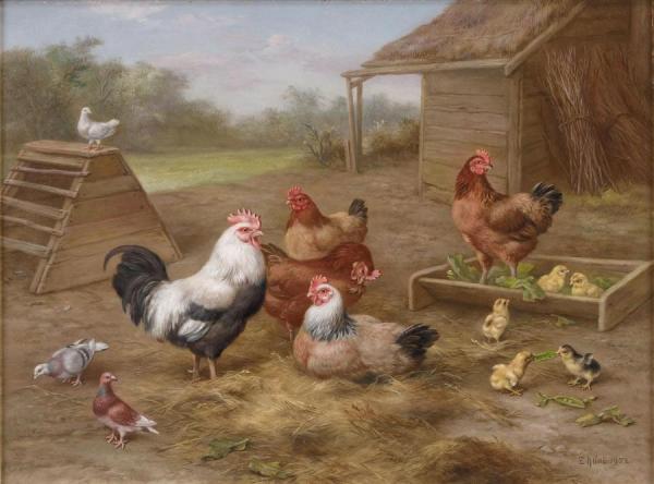 A Cockerel, Chickens And Doves by Edgar Hunt