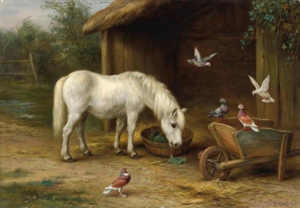 A Pony With Goats And Chickens In A Barn by Edgar Hunt Oil Painting Reproductions