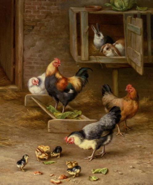 Chickens And Rabbits In A Hutch by Edgar Hunt