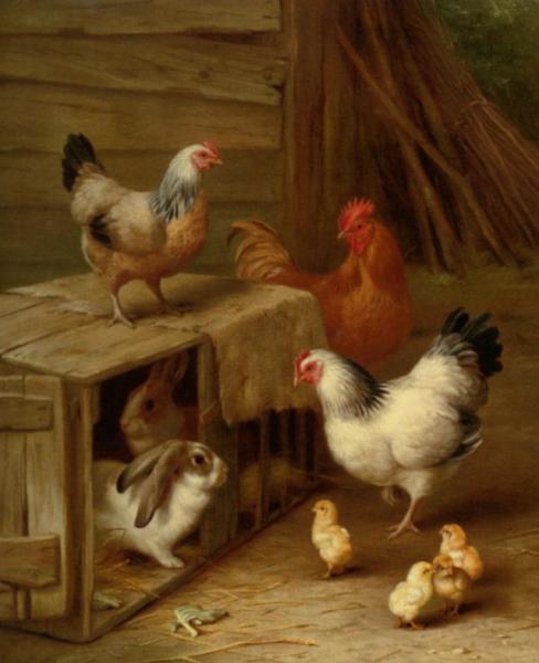 Cockerel, Hens, Chicks And Rabbit by Edgar Hunt