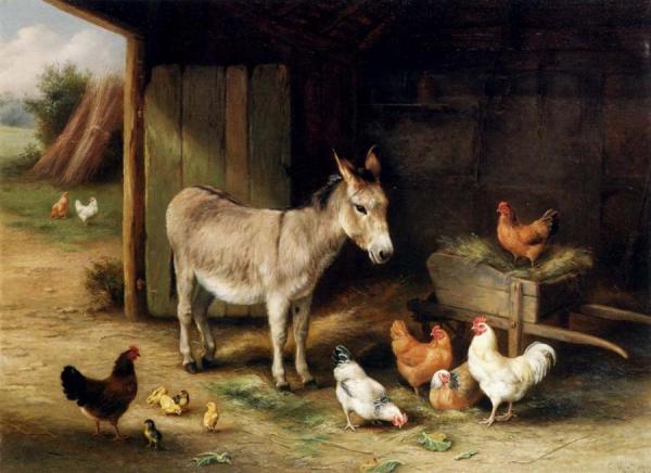 Donkey, Hens And Chickens In A Barn by Edgar Hunt Oil Painting Reproductions