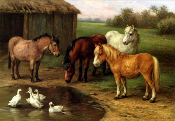 Ponies By A Pond by Edgar Hunt