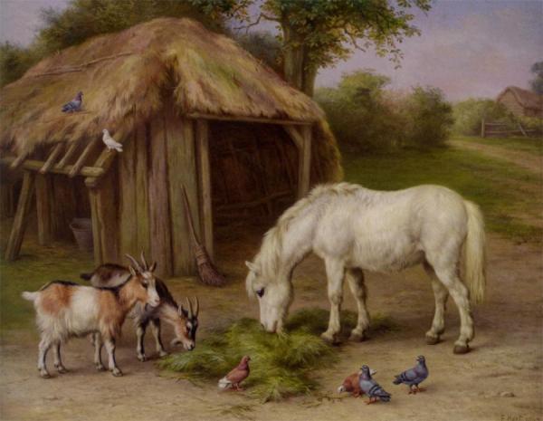 Pony And Goats In A Farmyard by Edgar Hunt