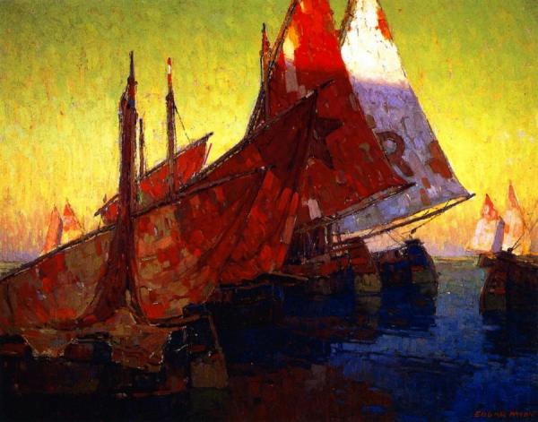 Sundown, Boats At Chioggia, Italy by Edgar Payne