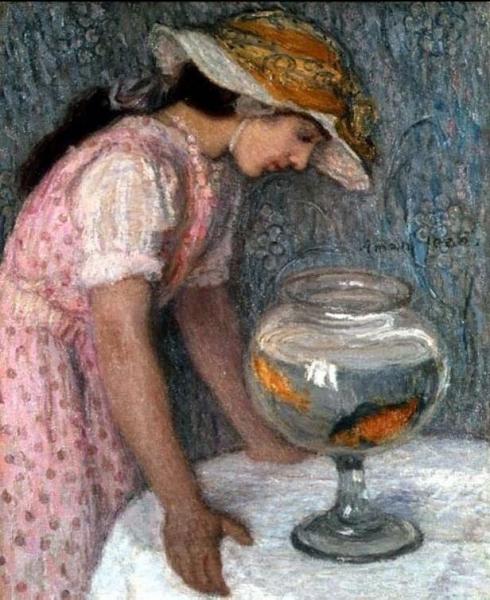 Young Girl With A Goldfish by Edmond-françois Aman-jean