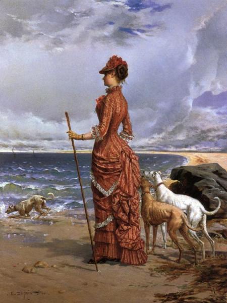 Elegant Lady Walking Her Greyhounds On The Beach by Edmond-louis Dupain