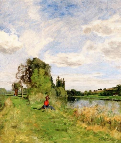 An Elegant Lady Sitting By The River Bank by Edmond Yon