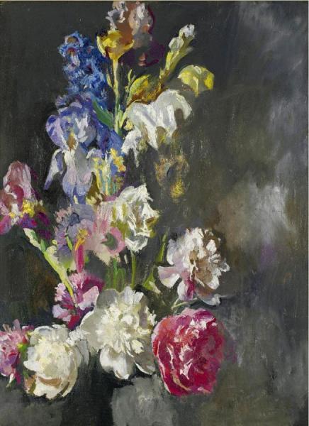 Still Life Study Of Peonies And Iris by Edmund Tarbell