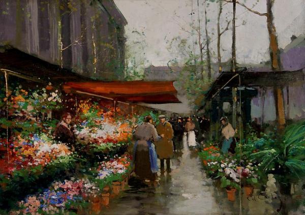 Le Marché Aux Fleurs, Place De La Madeleine by Edouard Léon Cortes