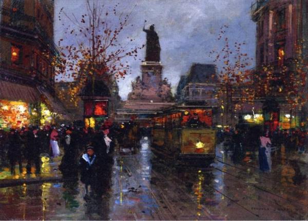 Place De La Republique At Twilight by Edouard Léon Cortes