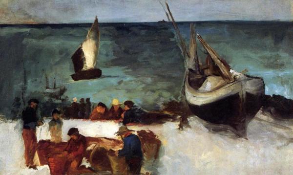 Berck Seascape: Fishing Boats And Fishermen by Edouard Manet