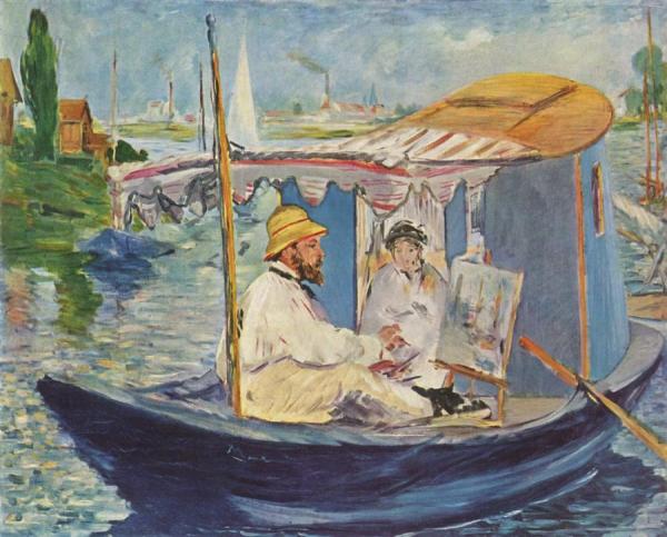 Claude Monet Working In His Atelier Boat by Edouard Manet
