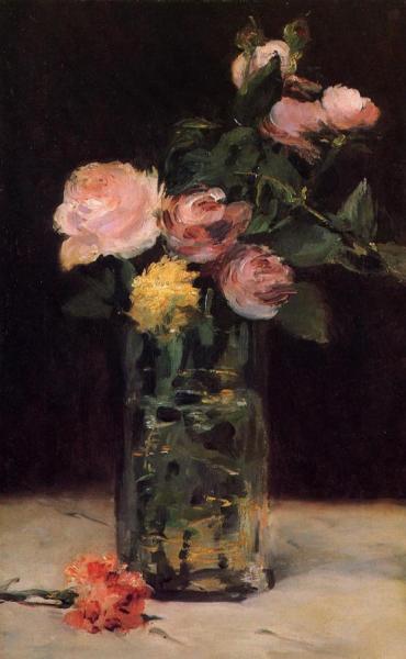 Roses In A Glass Vase by Edouard Manet