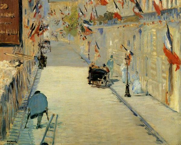 Rue Mosnier Decorated With Flags, With A Man On Crutches by Edouard Manet