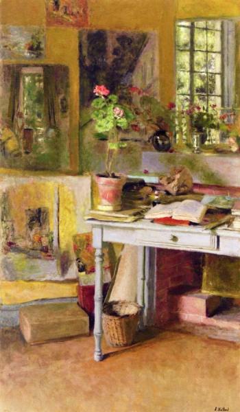 At Clayes, Geranium On A Blue Table In Front Of The Window by Edouard Vuillard