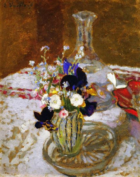 Bouquet Of Pansies, Myosotis And Daisies In Front Of A Carafe, On A Table by Edouard Vuillard