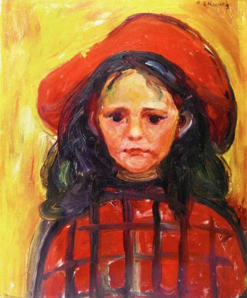 Girl With Red Checkered Dress And Red Hat by Edvard Munch