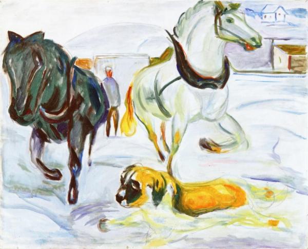 Horse Team And A St. Bernard In The Snow by Edvard Munch