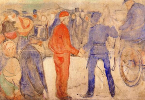 People Gathering Around A Man In Red by Edvard Munch