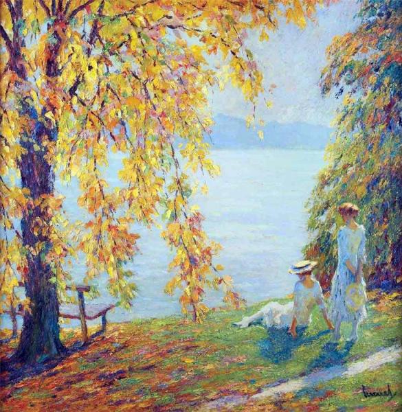 Two Girls In White Beside A Lake In Autumn by Edward Alfred Cucuel Oil Painting Reproductions