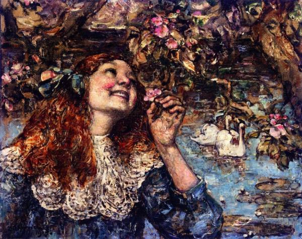 A Young Girl With Swans by Edward Atkinson Hornel Oil Painting Reproductions