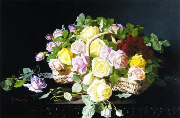 Still Life, A Basket Of Roses by Edward C. Leavitt