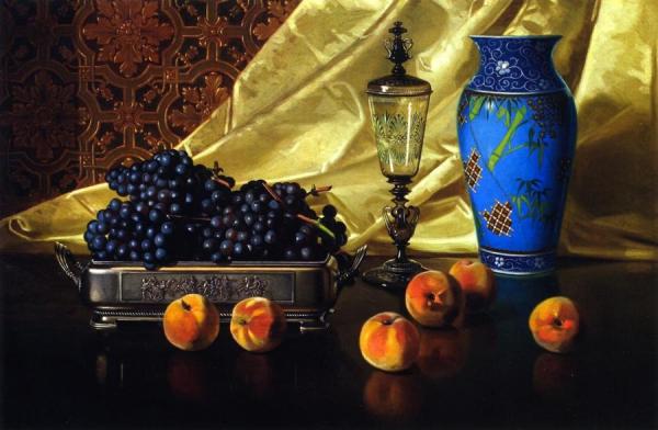 Still Life With Peaches And Grapes In A Silver Dish by Edward C. Leavitt