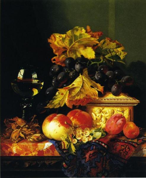 Black Grapes On A Carved Ivory Box, Peaches, Whitecurrants And Hazelnuts With A Hoch Glass On A Marble Ledge by Edward Ladell