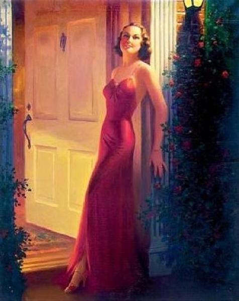 Edward Mason Eggleston Woman In Red Gown Standing At The Door