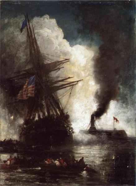 Battle Between Ironclad, Merrimac And Chesapeake by Edward Moran