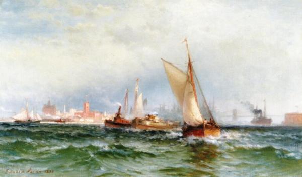 Steamships And Sailing Boats In New York Harbor by Edward Moran