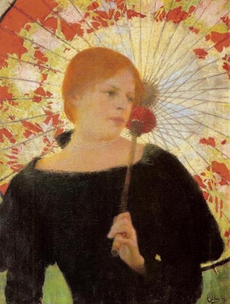 Portrait Of The Artist's Wife With An Umbrella by Edward Okun Oil Painting Reproductions