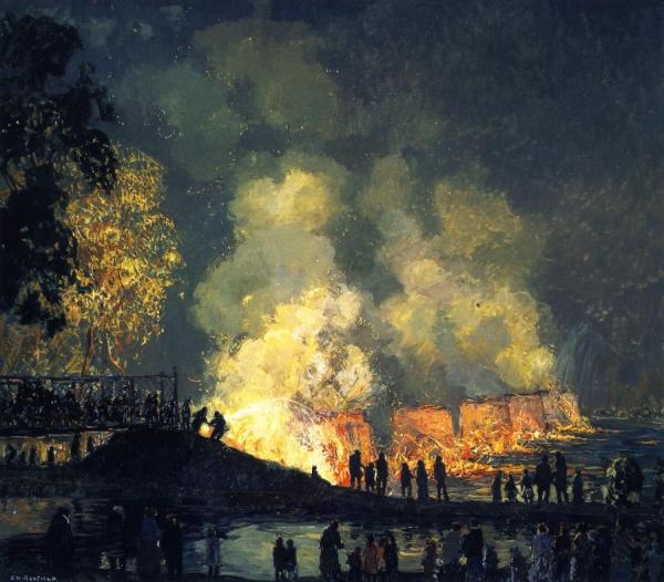 The Burning Of Center Bridge by Edward Willis Redfield