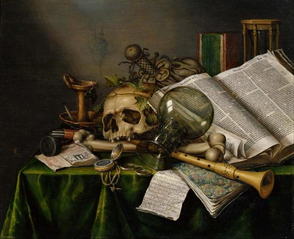Still Life With Books And Manuscripts And A Skull by Edwart Collier