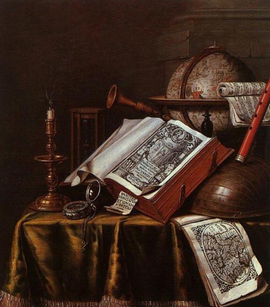 Still Life With Musical Instruments, Plutrach's "lives", And A Celestial Globe by Edwart Collier