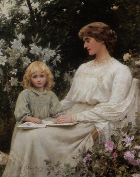 Portrait Of A Mother And Daughter Reading A Book by Edwin Harris Oil Painting Reproductions
