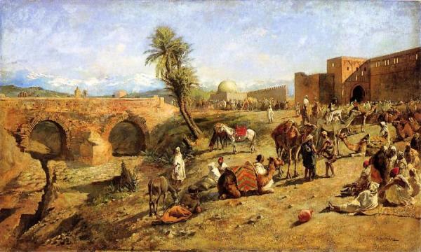 Arrival Of A Caravan Outside The City Of Morocco by Edwin Lord Weeks