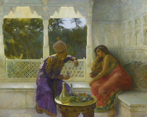 Figures In An Interior With Garden Of Palms Beyond by Edwin Lord Weeks