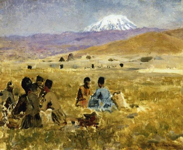 Persians Lunching On The Grass, Mt. Ararat In The Distance by Edwin Lord Weeks