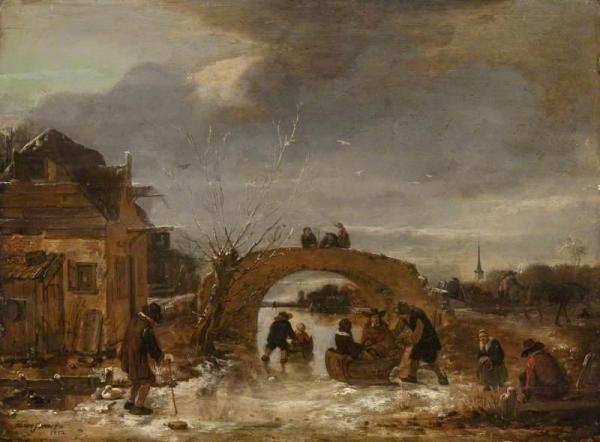 Figures On A Frozen Canal by Egbert Van Der Poel