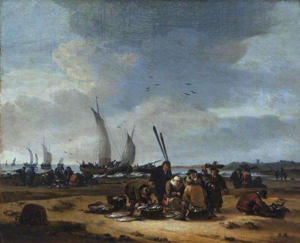 Fishermen Selling Their Catch On The Beach by Egbert Van Der Poel
