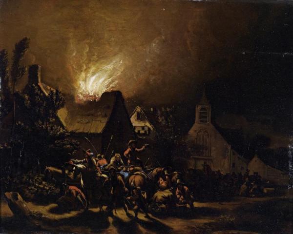 Marauders In Front Of A Burning Village by Egbert Van Der Poel