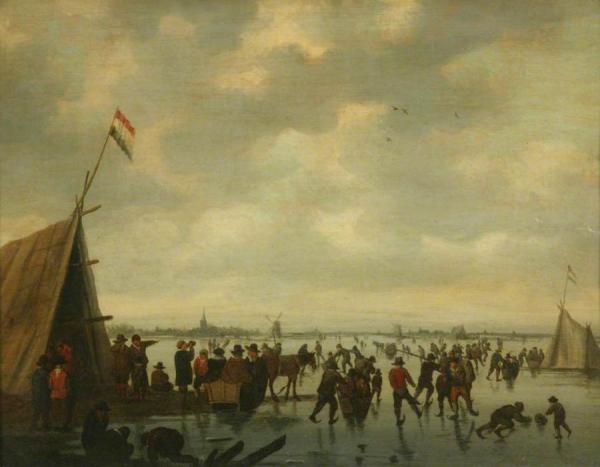 Skating Scene With A Tent And Numerous Figures On A Wide River by Egbert Van Der Poel