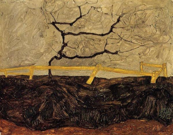 Bare Tree Behind A Fence by Egon Schiele