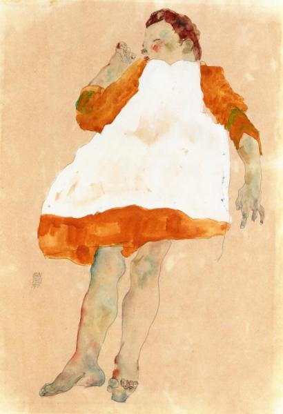Egon Schiele Child In Orange Dress With White Pinafore