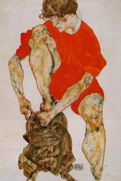 Egon Schiele Female Model In Bright Red Jacket And Pants