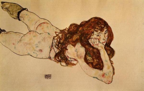 Egon Schiele Female Nude Lying On Her Stomach