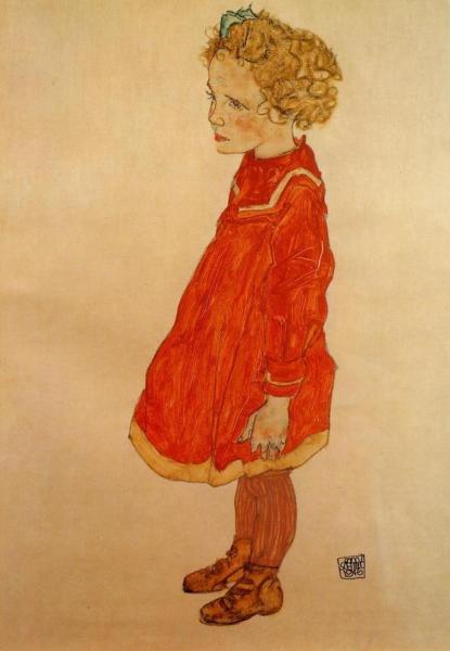 Little Girl With Blond Hair In A Red Dress by Egon Schiele Oil Painting Reproductions